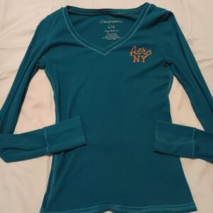 Turquoise,  Aeropostale long sleeve shirt with orange writing